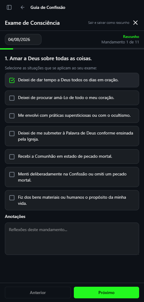 Exame de consciência do primeiro mandamento com checklist