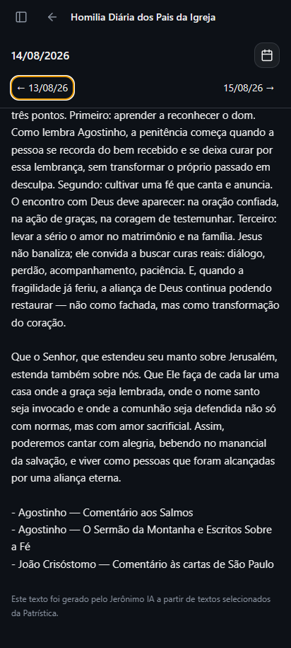 Menu de Ferramentas do Jerônimo com Homilia Diária dos Pais da Igreja